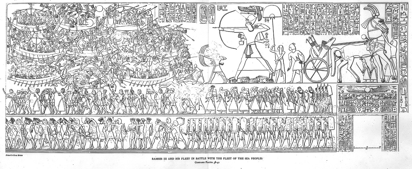 Ramesses III defeats the Sea People in the Battle of the Delta (c. 1175 BCE), as depcited in his tomb